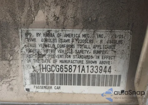 2001 Honda Accord 2.3 Ex из США, поврежденный, VIN 1HGCG65871A133944